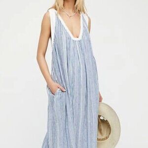 Free People women SP beckett midi dress lagenlook vacation striped sleeveless